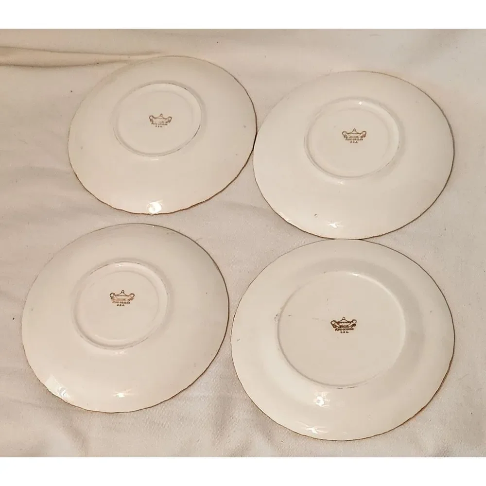 Pope Gosser USA Plates Bread/Salad Pink w/Gold Scalloped‎ Trim 4 Plates